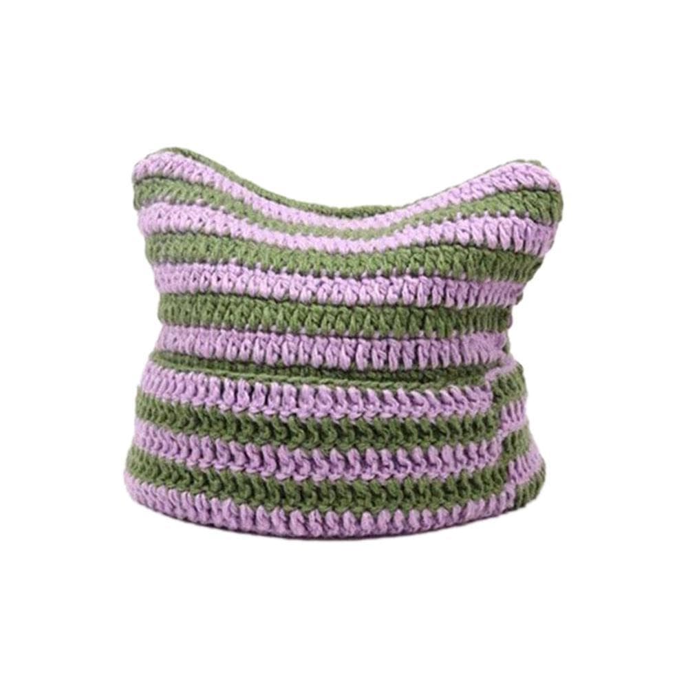 Stripe Knitted Cap Crochet Cute Cat Ears Beanie Hat For Women Girls Fashion