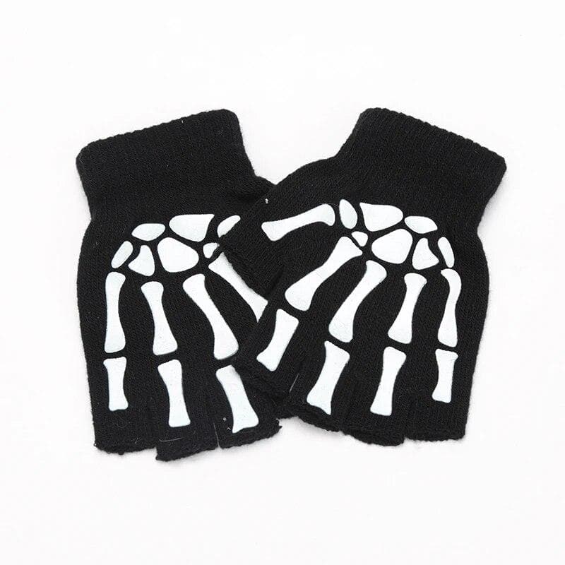 New Adult Kids Halloween Skeleton Skull Half Finger Luminous Punk Gloves Winter Skull Fingerless Black Mitten One Size black