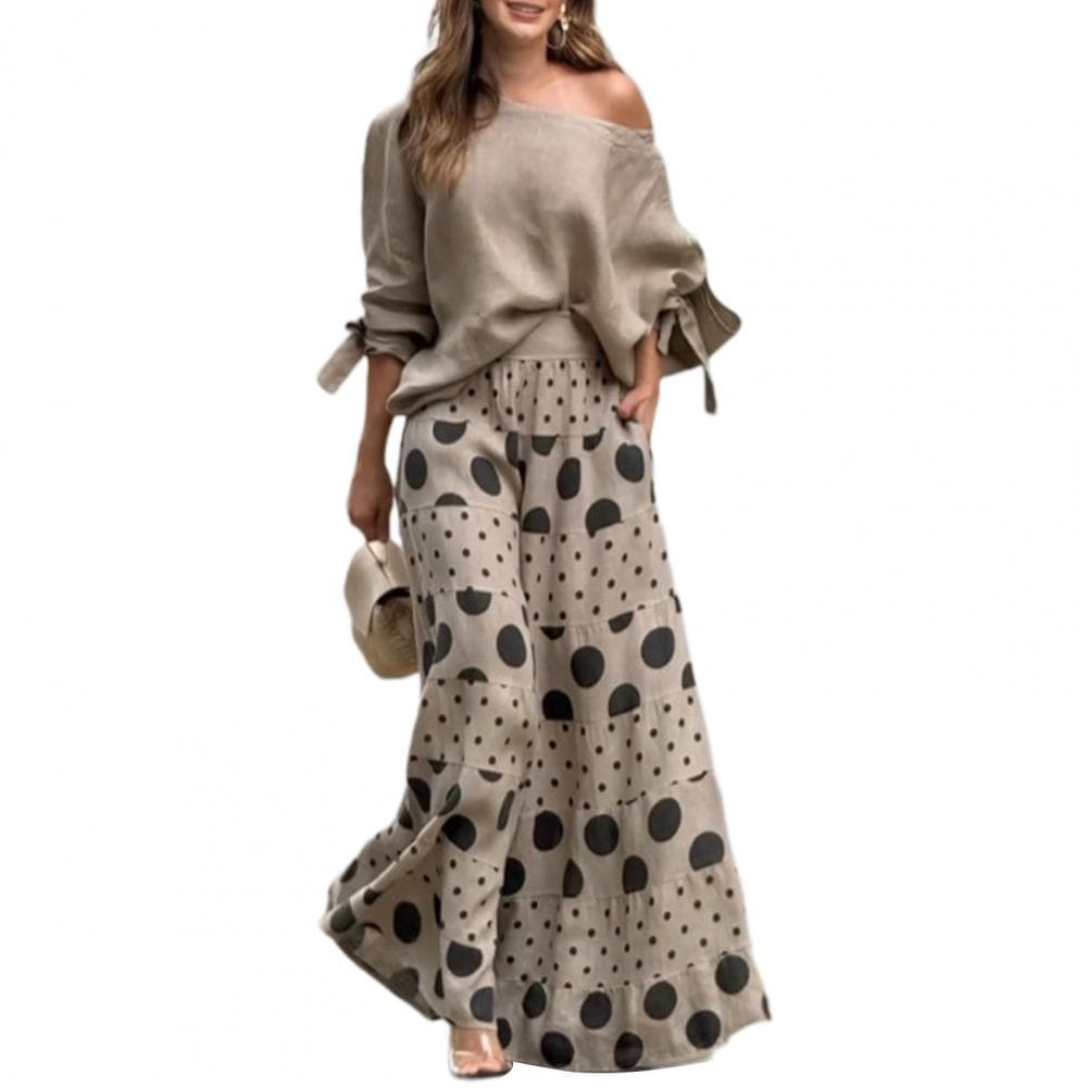 Women Shirt Pants Set Women's Slant Neck One Shoulder T-shirt Wide Leg Pants Set with Bow Cuff Detail Casual Dating for Women XL apricot