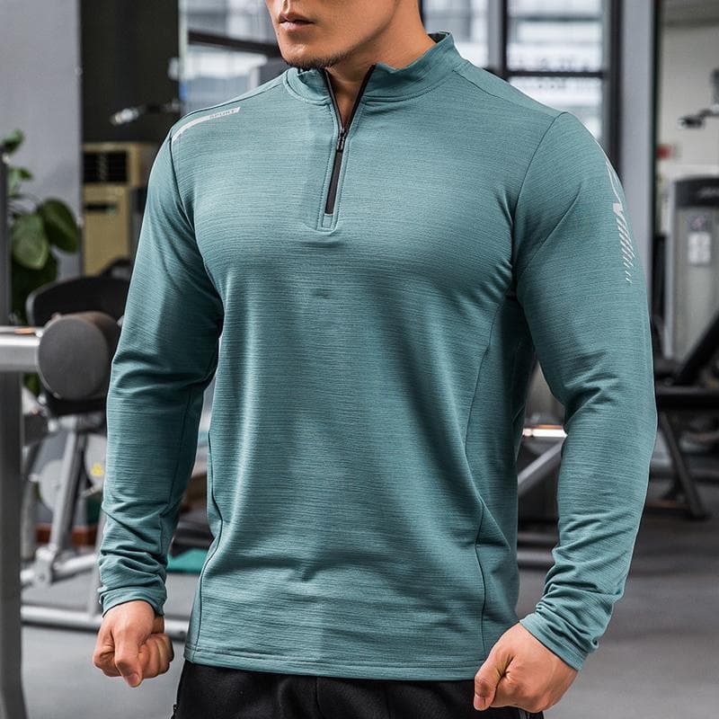 Men Half Zipper High Neck Sport Long Sleeve Compression Quick Dry T Shirt Fitness Running Shirts Workout Tops XL green