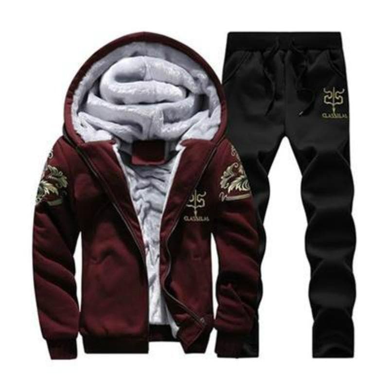 Men Winter Outfits Fleece Coat+Sweatpants Warm Hooded Jacket Fashion Sport Tracksuit M red