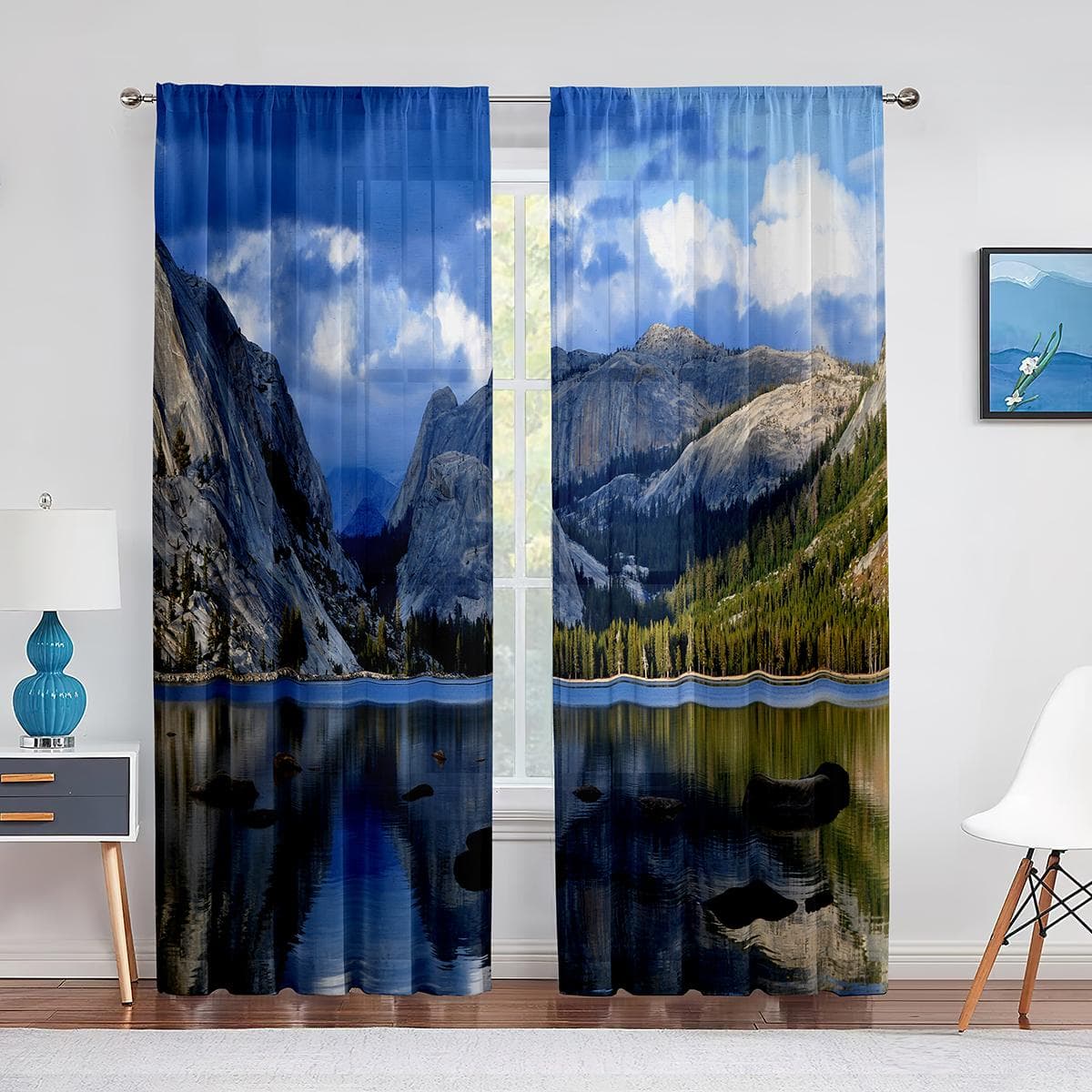 Nature Landscape Tulle Curtains Waterfall Lake Mountains Sunrise Sheer Voile Curtain for Living Room Kitchen Bedroom Decoration 1 PCS W100XH250cm&Grommet Top