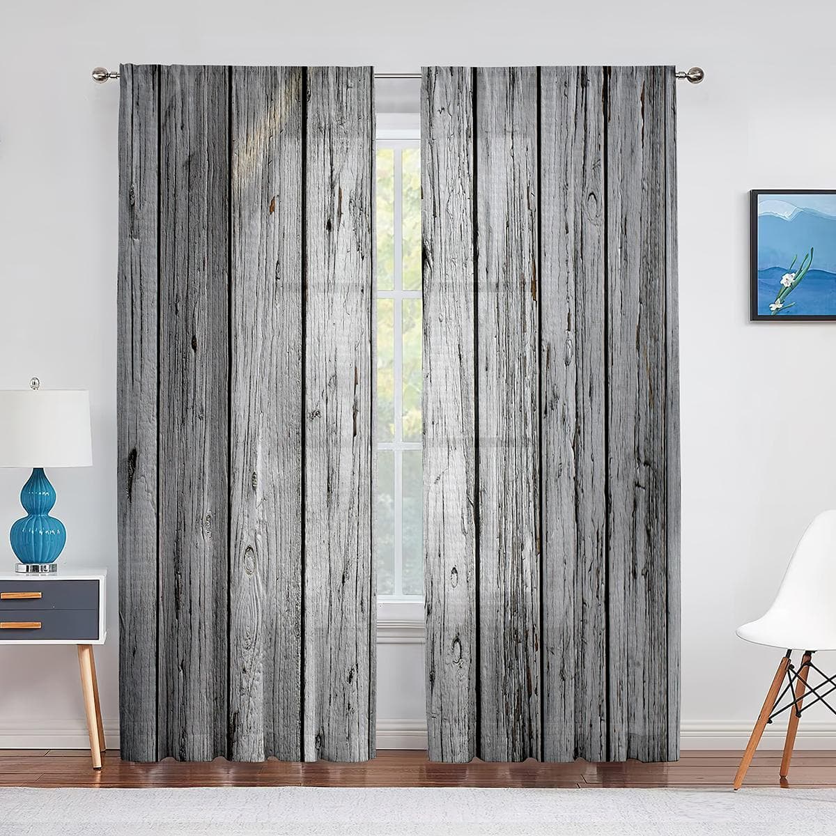 Farmhouse Style Western Brown Primitive Wood Tulle Curtains for Living Room Chiffon Sheer Voile Kitchen Bedroom Window Curtain 1 PCS W100XH250cm&Grommet Top