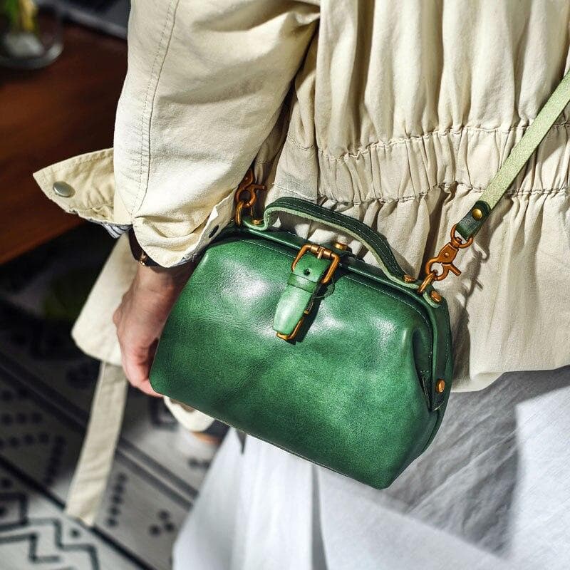 Johnature Vintage Doctor's Bag Genuine Leather Women Handbag Simple Solid Color Real Cowhide Shoulder & Crossbody Bags green