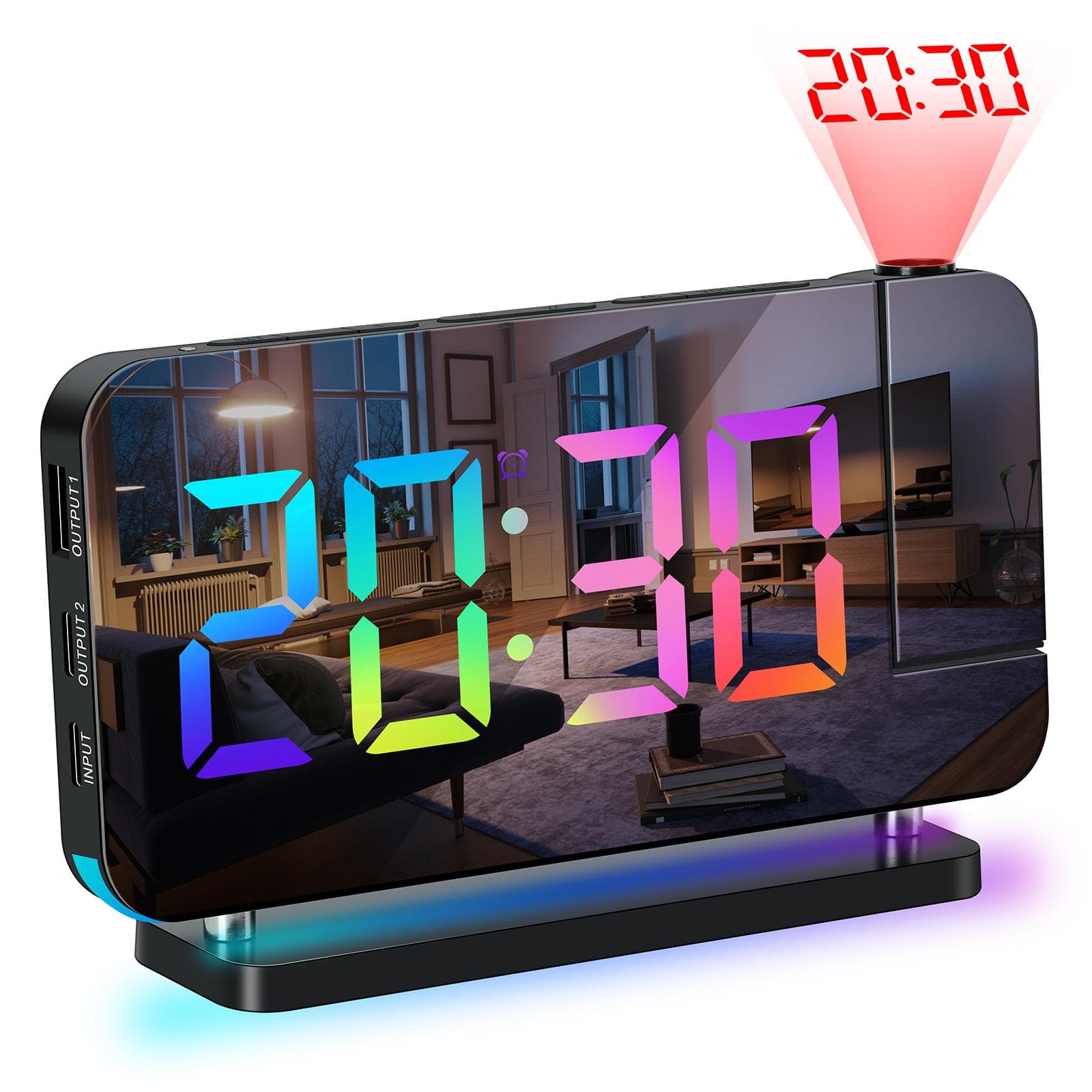 Projection Alarm Clock for Bedroom 7-inch RGB Colorful LED Digital Clock with Mirror Surface black