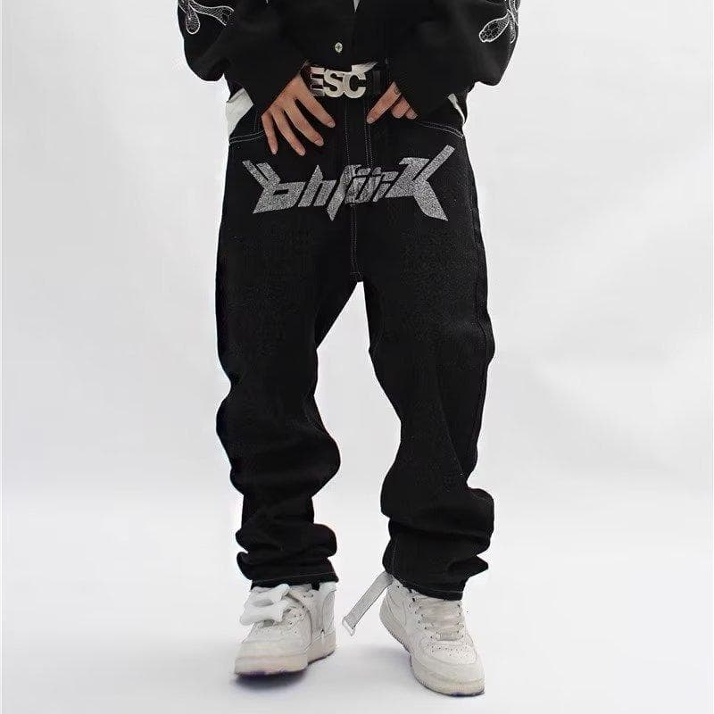 Retro Hip-hop Printed Jeans Men's Street Loose Straight Wide-leg Trousers XXL black