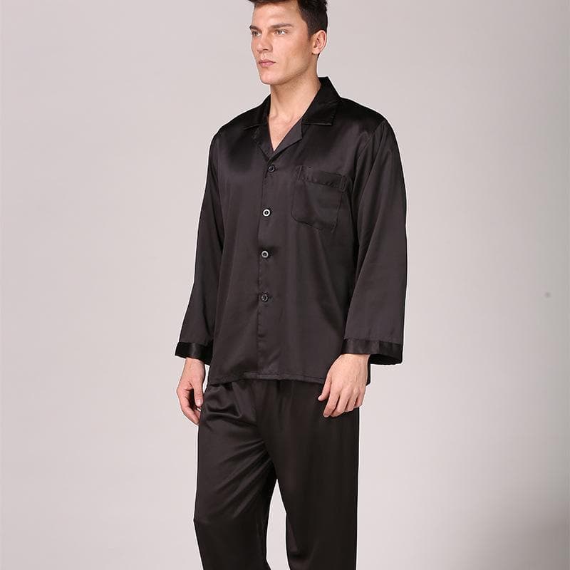 Men's Black Silk Pajamas - Long-Sleeved, Solid Color, Large Size Summer Homewear L black