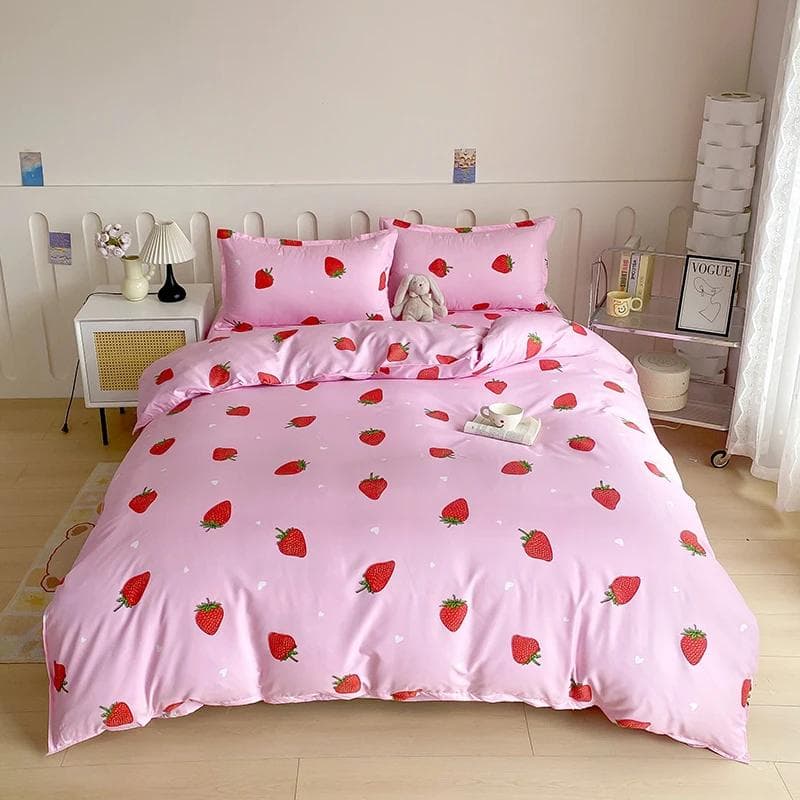 Strawberry Bedding Set, Pink Kawaii Strawberry Duvet Cover Soft Reversible Comoforter Cover with 2 Pillowcases for Women Girls Single 150x200cm