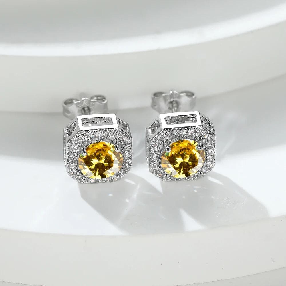 Geometric Yellow Pink Purple Red Blue Black Green Stone Square Stud Earrings For Women Silver Color Round Cubic Zirconia Studs Jewelry yellow