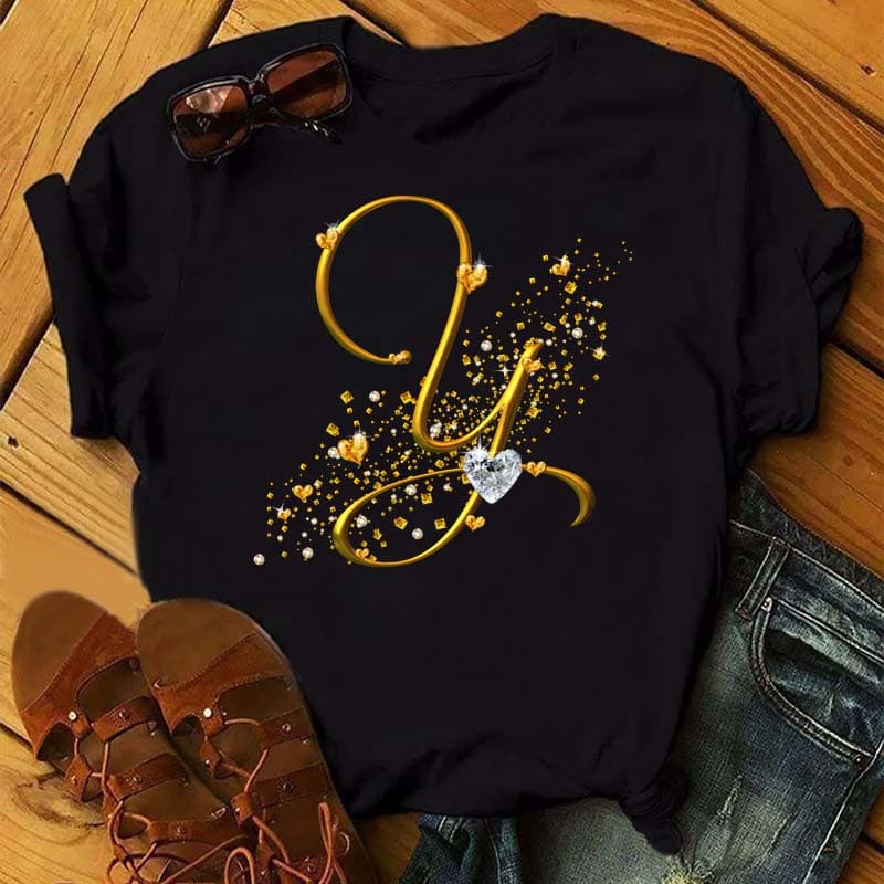 Custom Name Letter 3D Printe Women T-shirt Diamond Gold Letter Font A B C D E F G Black T-shirt 6XL