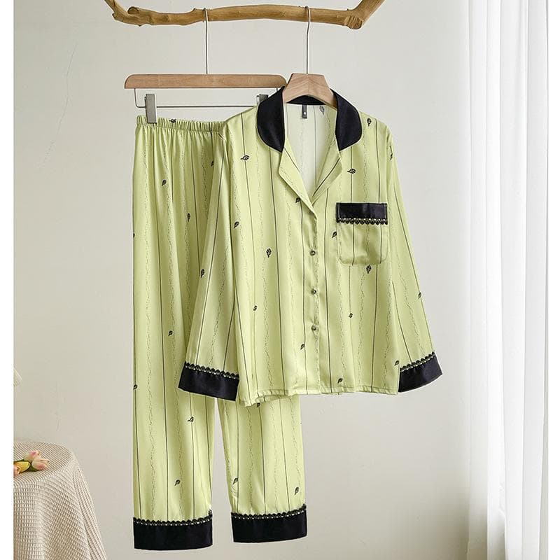 Green Pajamas for Women Spring and Autumn Ice Silk Long-sleeved Trousers 2-piece Pajamas Set Striped Pajamas Home Clothes Home Clothes XL green