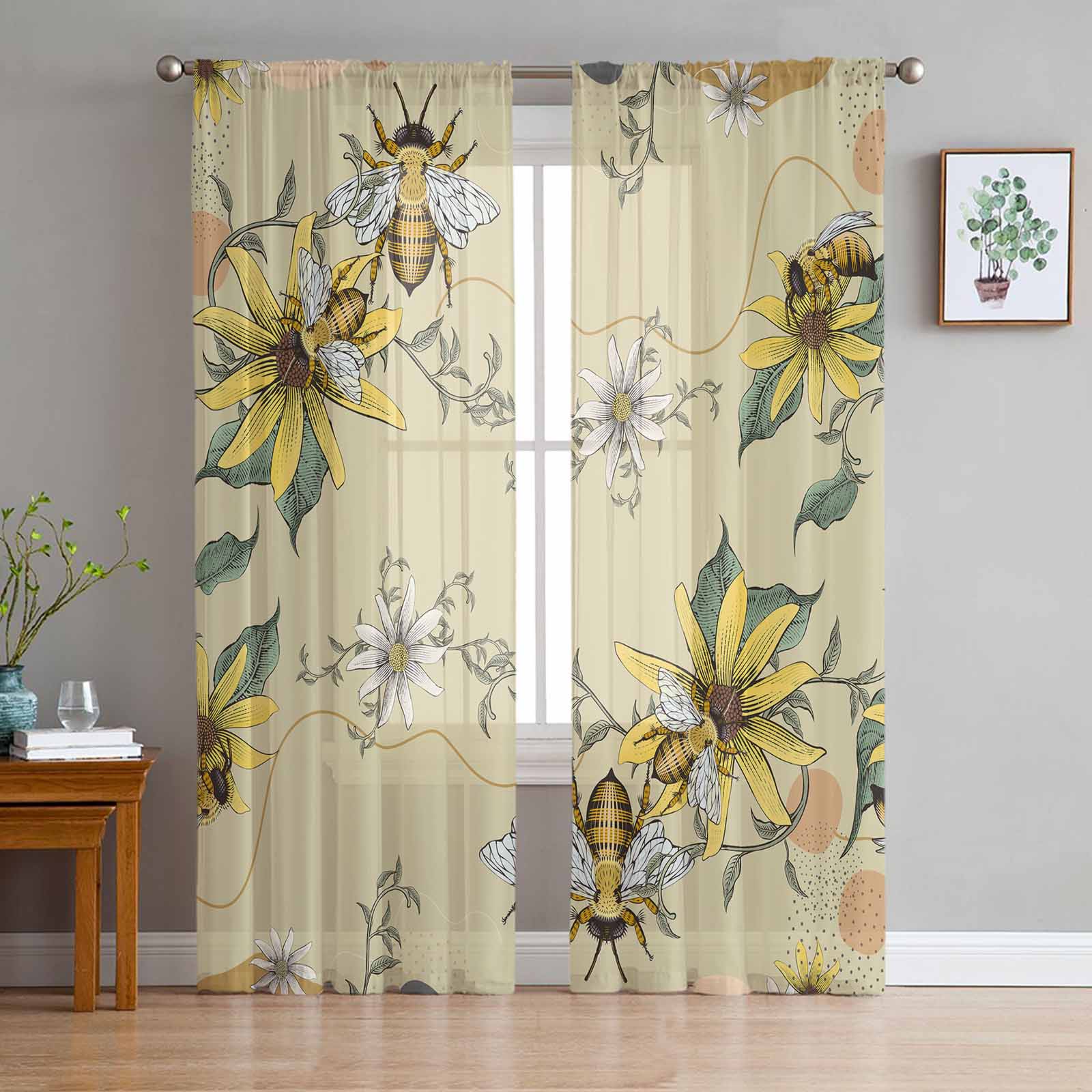 Bee Flower Leaf Bohemian Wind Window Tulle Curtains for Living Room Bedroom Hotel Luxury Decoration Sheer Curtains 135W x 114H(cm)