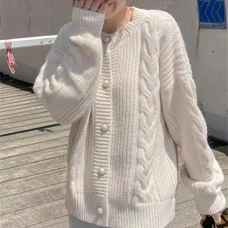 Botvotee Knitted Cardigan Women Fall Winte Vintage Oversized O Neck Long Sleeve Sweater Chic Solid Button Up Jacket One Size beige