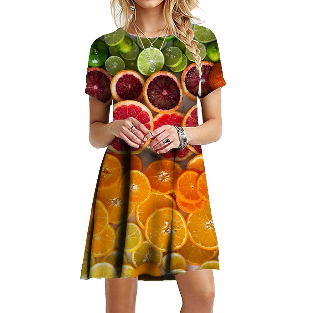 Fruit And Vegetables 3D Printed Dresses For Summer Fashion Women Clothing Oversized Short Sleeve Loose Casual Mini Dress 3XL