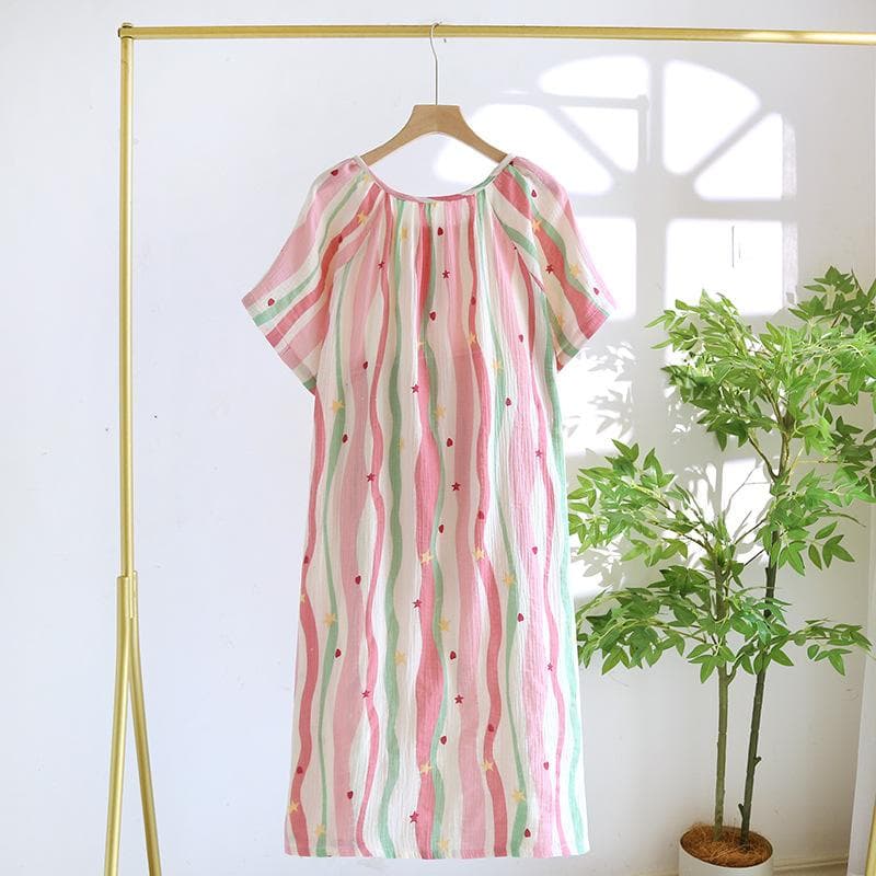 New Women's Sleep Skirt 100% Cotton Crepe Thin Home Skirt Set Head Striped Skirt Summer Dress Cute and Sweet Ladies M