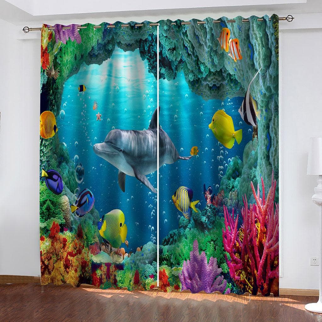 Curtains For Large Windows Of Living Room 3D Underwater Sea Animals 2 Pc High Blackout Perforated Curtains For House Rooms W100xH200cmx2&Grommet Top