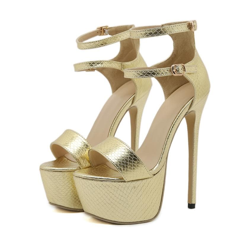 Liyke Fashion Design Double Buckle Strap Platform Sandals Women Sexy Peep Toe 16CM Super High Heels Wedding Banquet Shoes Golden 35 golden