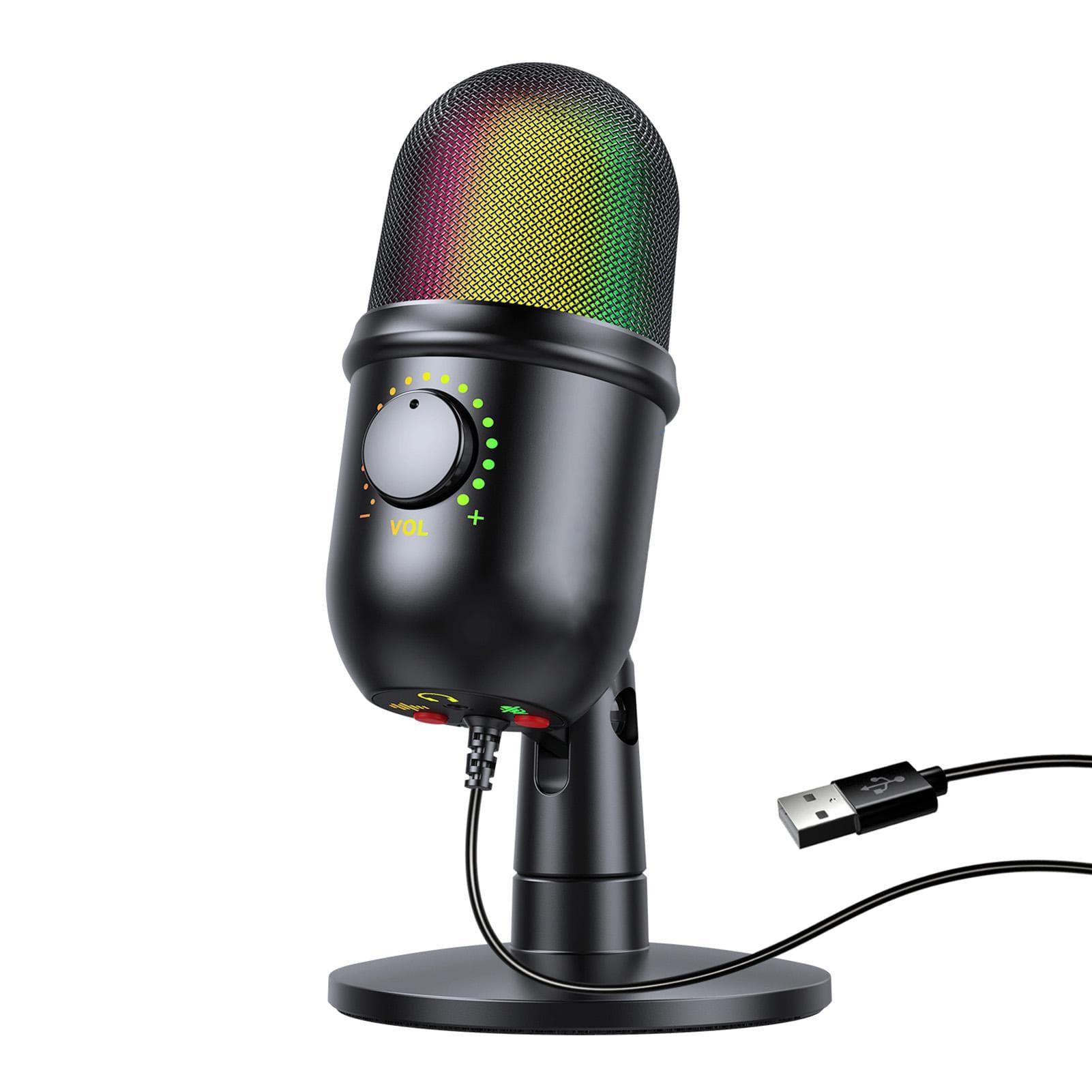 RGB Condenser Microphone Cardioid USB Mic with Colorful Lighting Effect OneButton Mute Realtime black