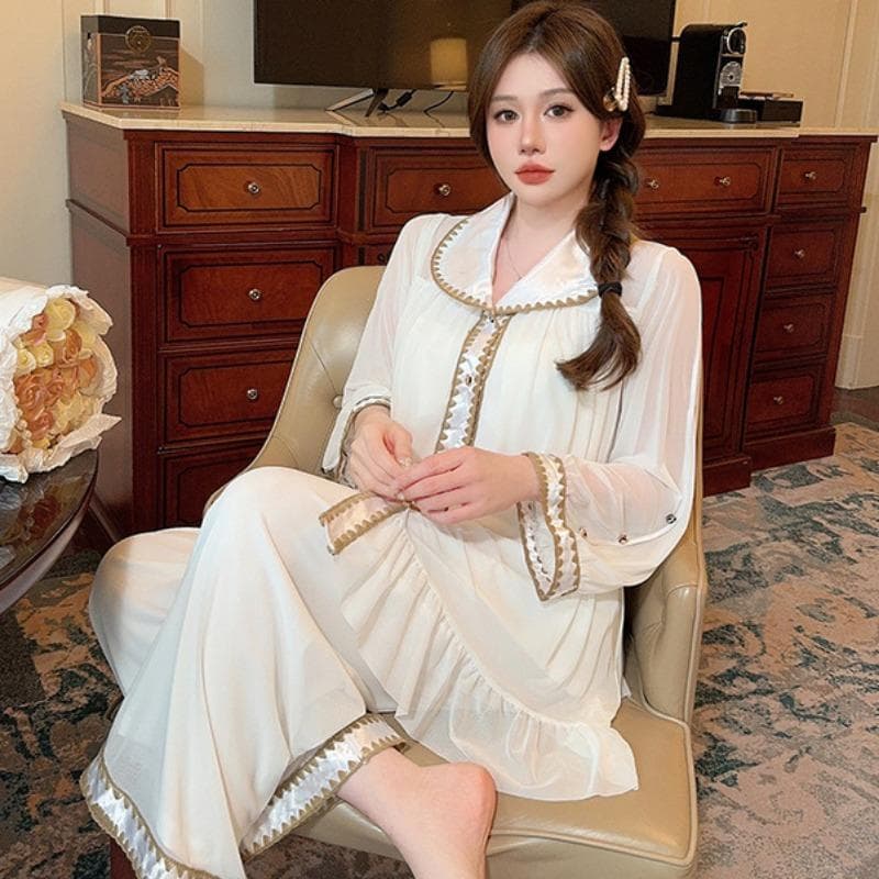 Ice Silk Pajamas Lapel Lapel Spring Summer Long Sleeve Home Suit XXL ivory