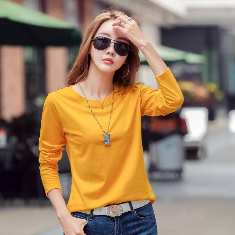 Spring and Autumn Women's Blouse Cotton Loose Solid Color Round Neck Long Sleeve Top 2XL yellow