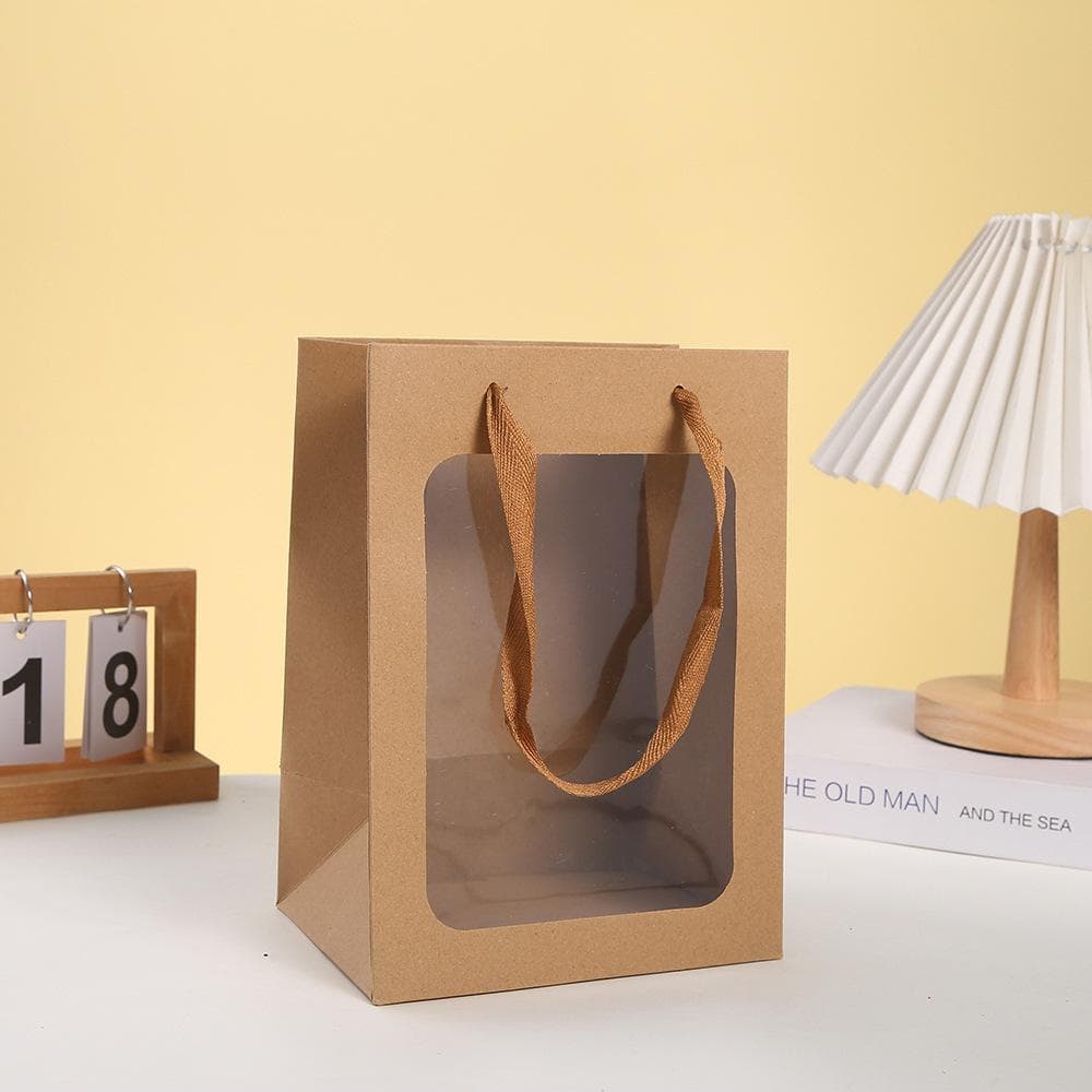 5pcs Black Kraft Paper Gift Bags with Transparent Window Kraft Shopping Bags with Handles for Present Festivals Party for Retail StoresBoutique 5pcs brown