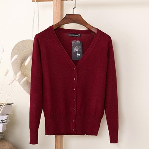 Women Spring and Autumn Casual Long Sleeve Cardigan Knitwear XXXL wine red