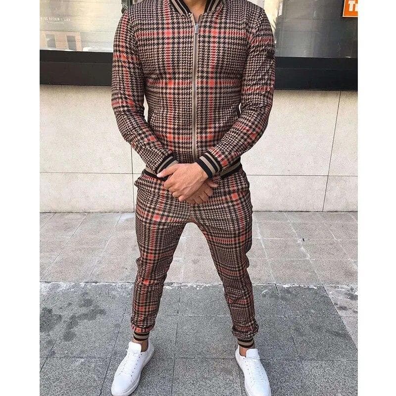 Men Clothing Ropa Zipper Stand Collar Street Casual Tracksuits Two Pieces Set Hombre Multicolor Lattice Jacket Sweatshirt Coat XXL