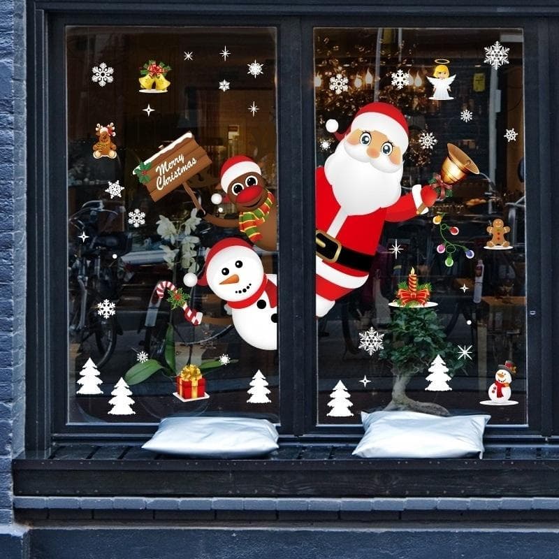 Cartoon Christmas Stickers Window Showcase Removable Santa Clause Snowman Home Decor Decal