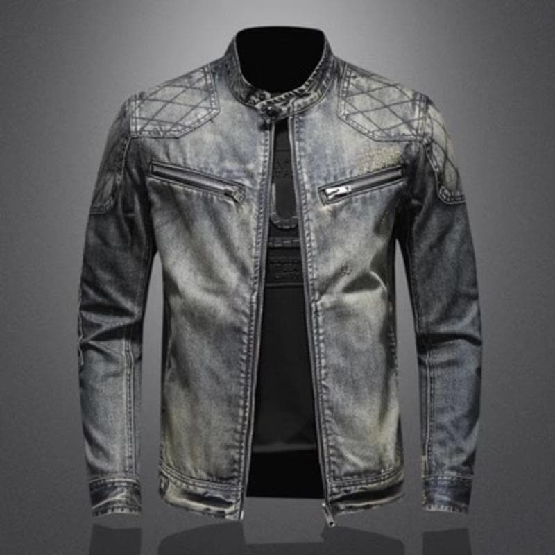 Men's Personalized Patch Denim Jacket Coat Casual Standing Collar Grid Large Size Denim Coat XXXXXL