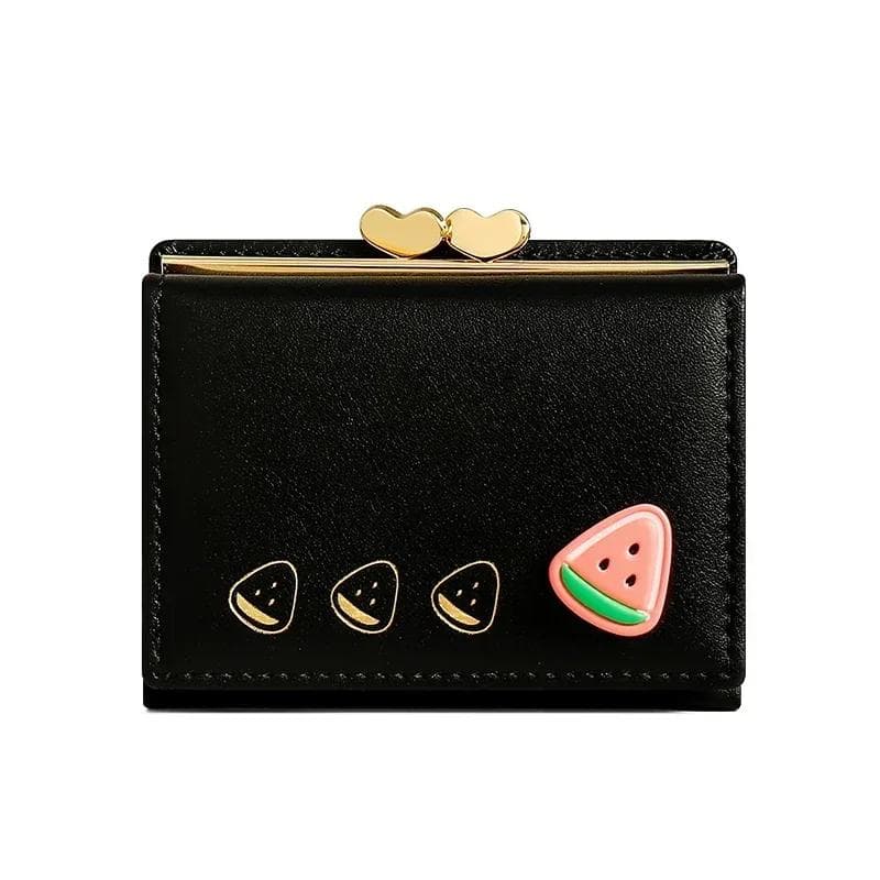 Cute Small Leather Pocket Wallet for Women Fruit Print Bifold Coin Purse Ladies Mini Short Purse Money Card Holders Clutch Bags black