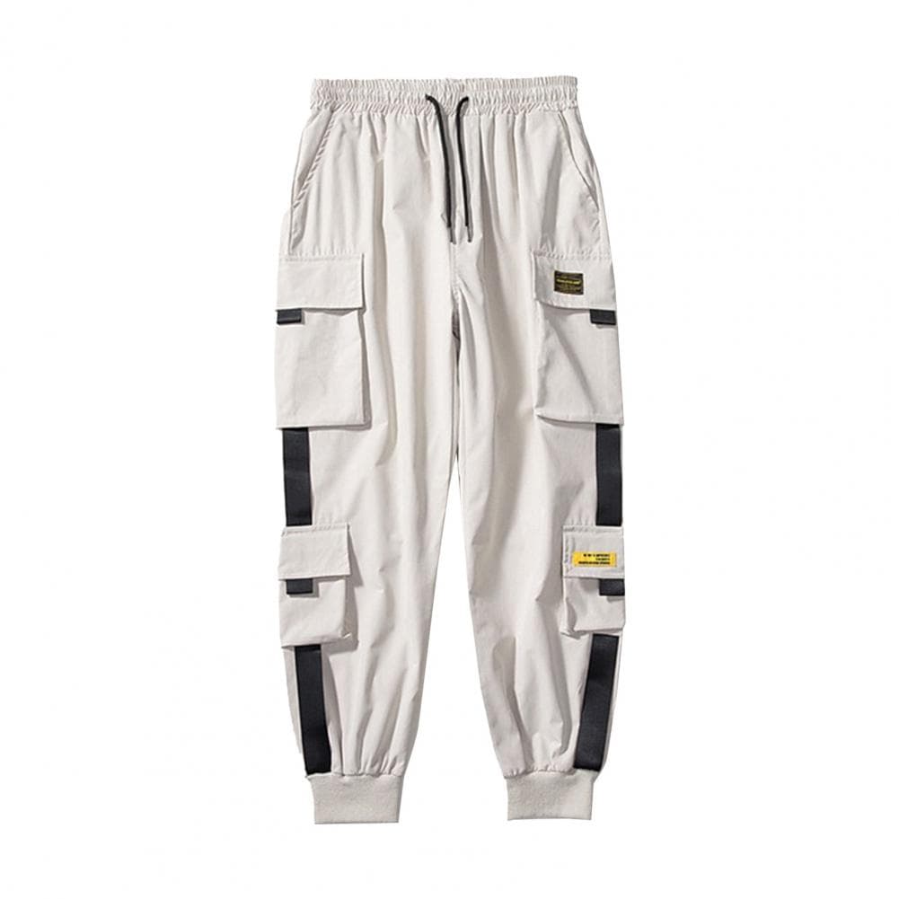 Men Cargo Pants Loose Ankle-banded Drawstring Elastic Waist Solid Color Multi Pockets Strap Decor Fitness Streetwear Outdoor Tra M khaki
