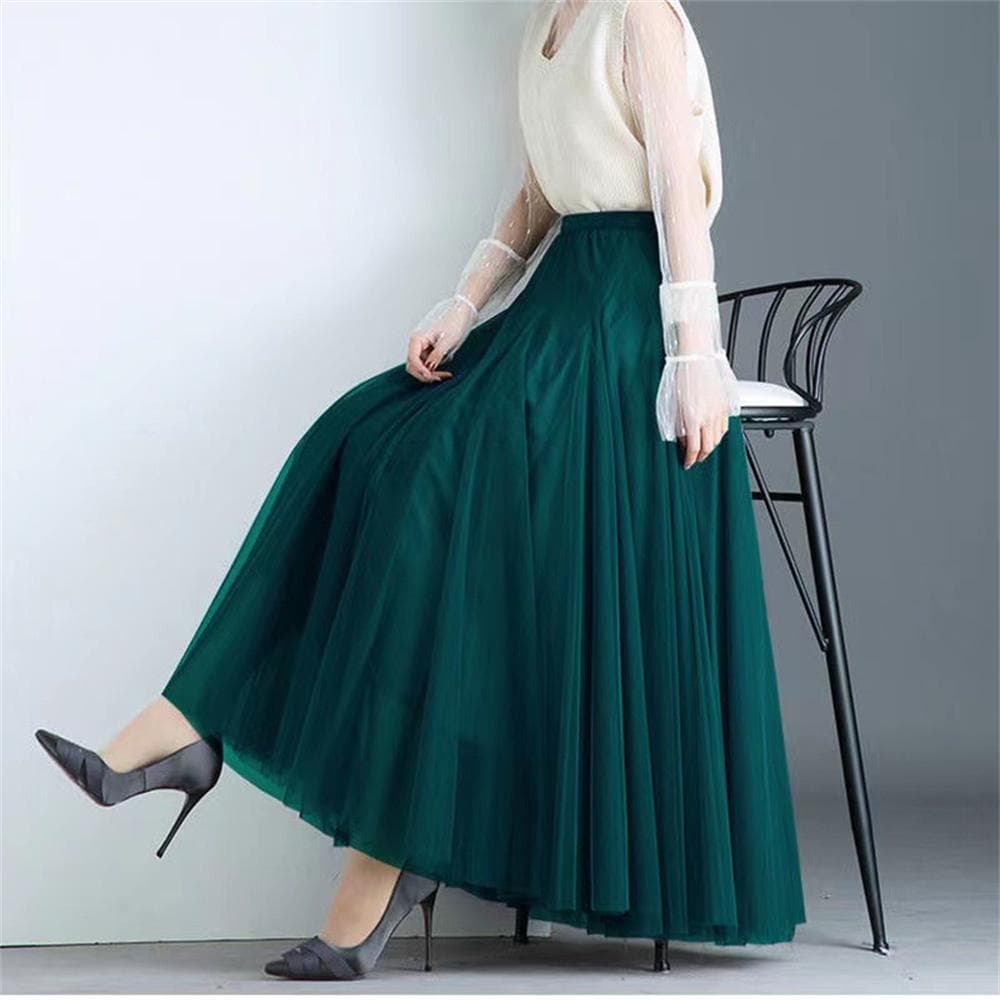 New Women Mesh Elastic Tutu Skirt Beach Spring Summer Korean High Waist Fashion Pleated Long Skirt Black White Tulle Skirts 80cm dark green