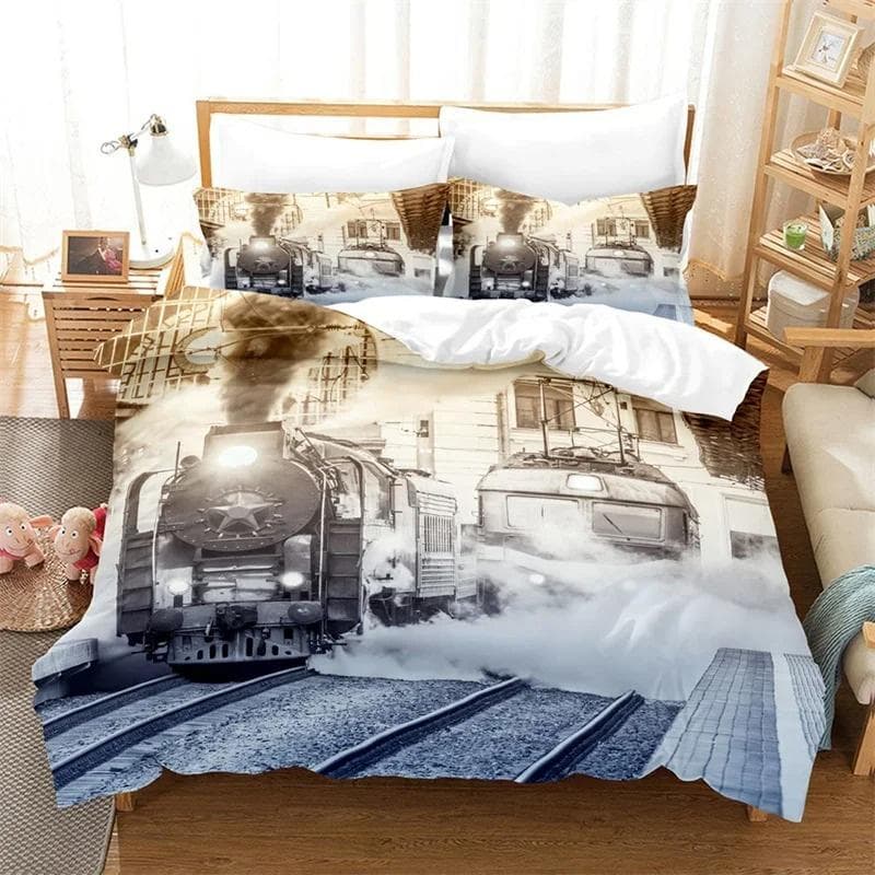 3D Train Steam Engine Bedding Set,Duvet Cover Comforter Bed Set Quilt Cover Pillowcase,King Queen Twin Size Boys Girls Adults 135x200cm 2pcs