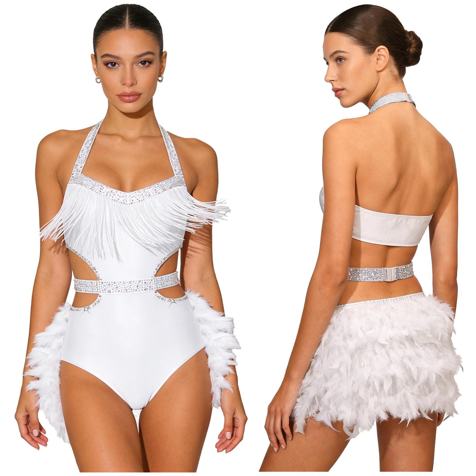S-XXL Women's Latin Dance Competition Bodysuit: Glittery Rhinestone & Faux Feather Leotard, Halter Backless for Stage M