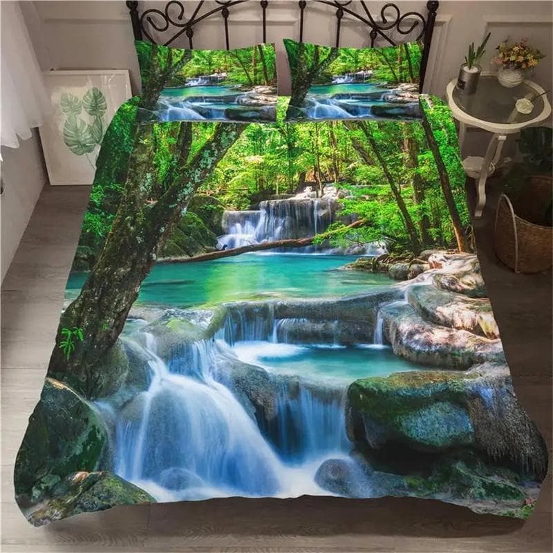 Waterfall Duvet Cover Set Natural Scenery Quilt Cover Pillowcase Landscape Forest Waterfall Queen Size Polyester Bedding Set 135X200cm-2pcs