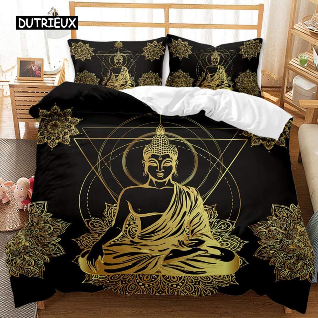 Buddha Duvet Cover Set King Size Golden Mandala Asian Culture Theme Bedding Set Microfiber Exotic Retro Style Comforter Cover EU single(135x200cm)