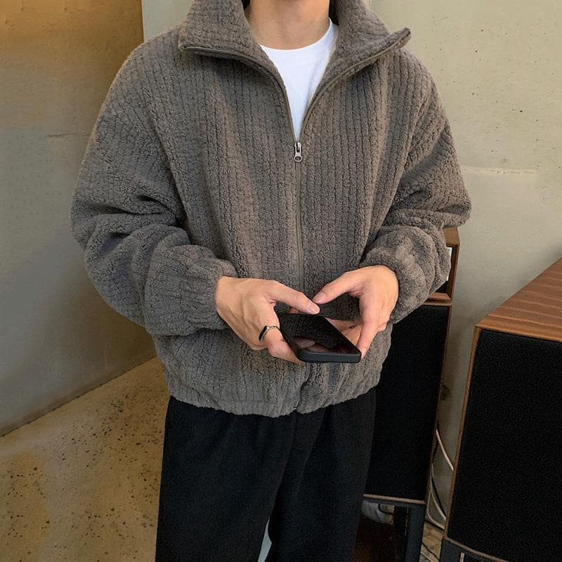 Lamb Wool Jacket Men's Winter Loose Velvet Stand-up Collar Cotton Coat Korean Style Trendy Simple Casual Cotton Coat 2XL