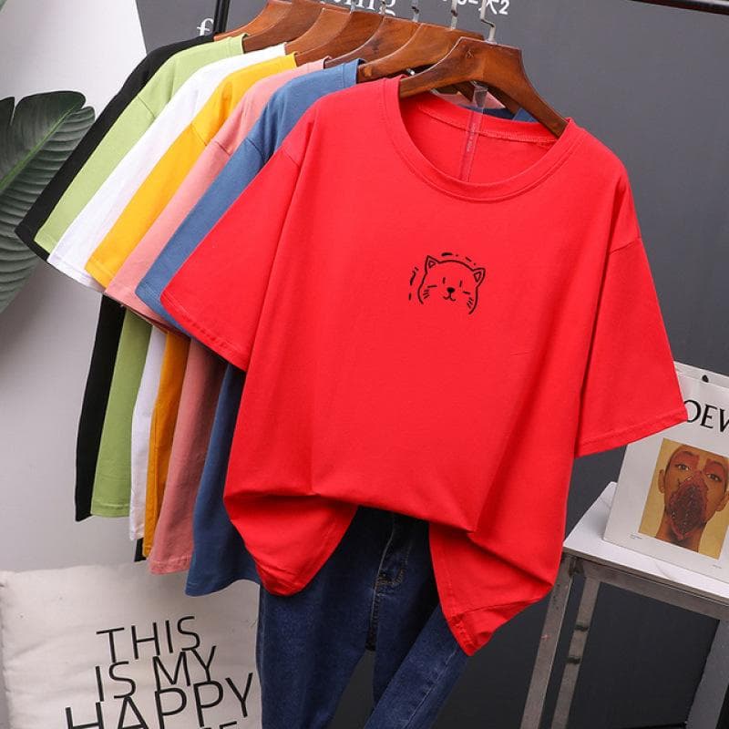 Kawaii Summer T Shirt Women Oversized Soft Tees Cotton Loose Bouses Tops M red