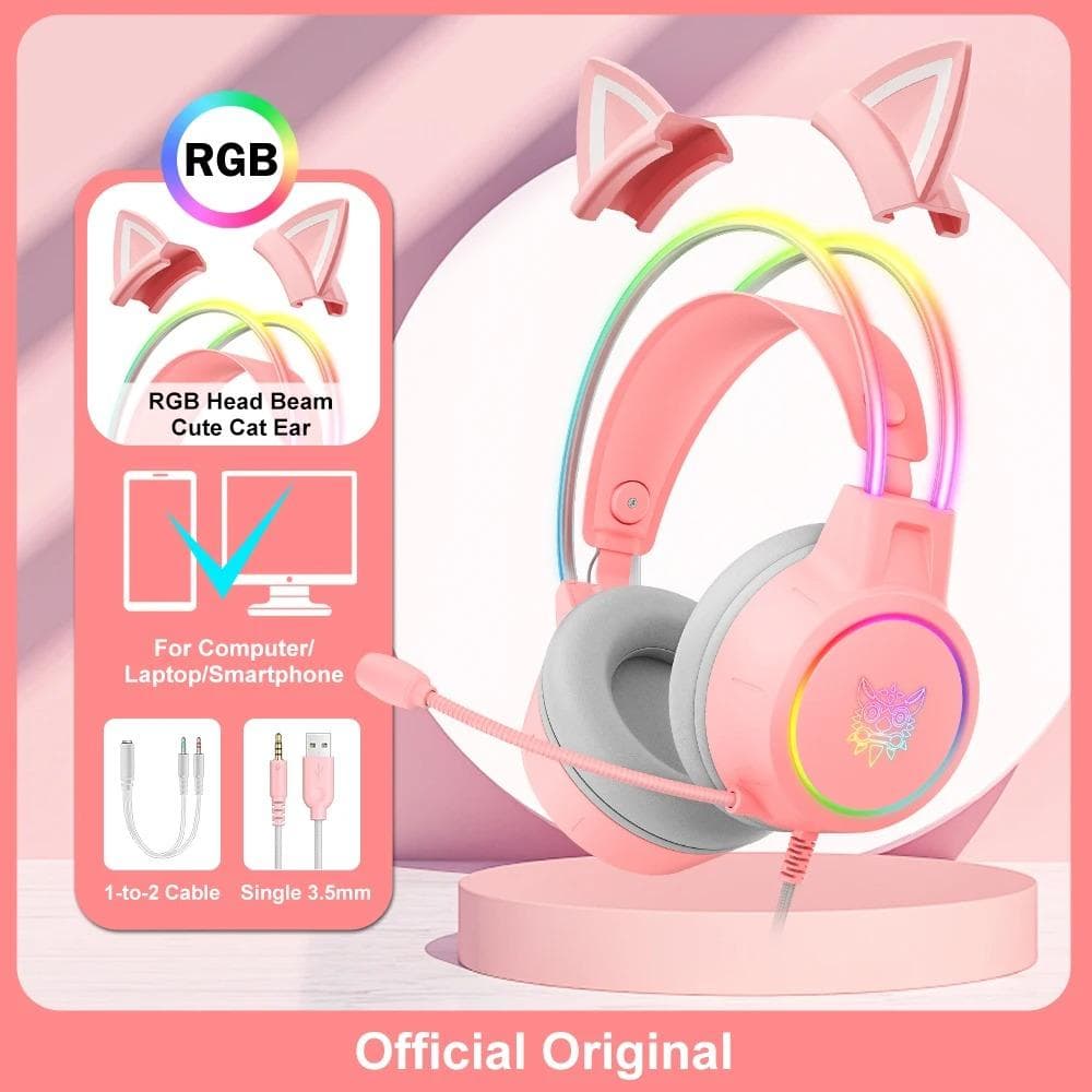 ONIKUMA X15 Pro Wired Headphones with RGB Head Beam Flexible Mic Button Control Gaming Headset Gamer for Compute PC pink