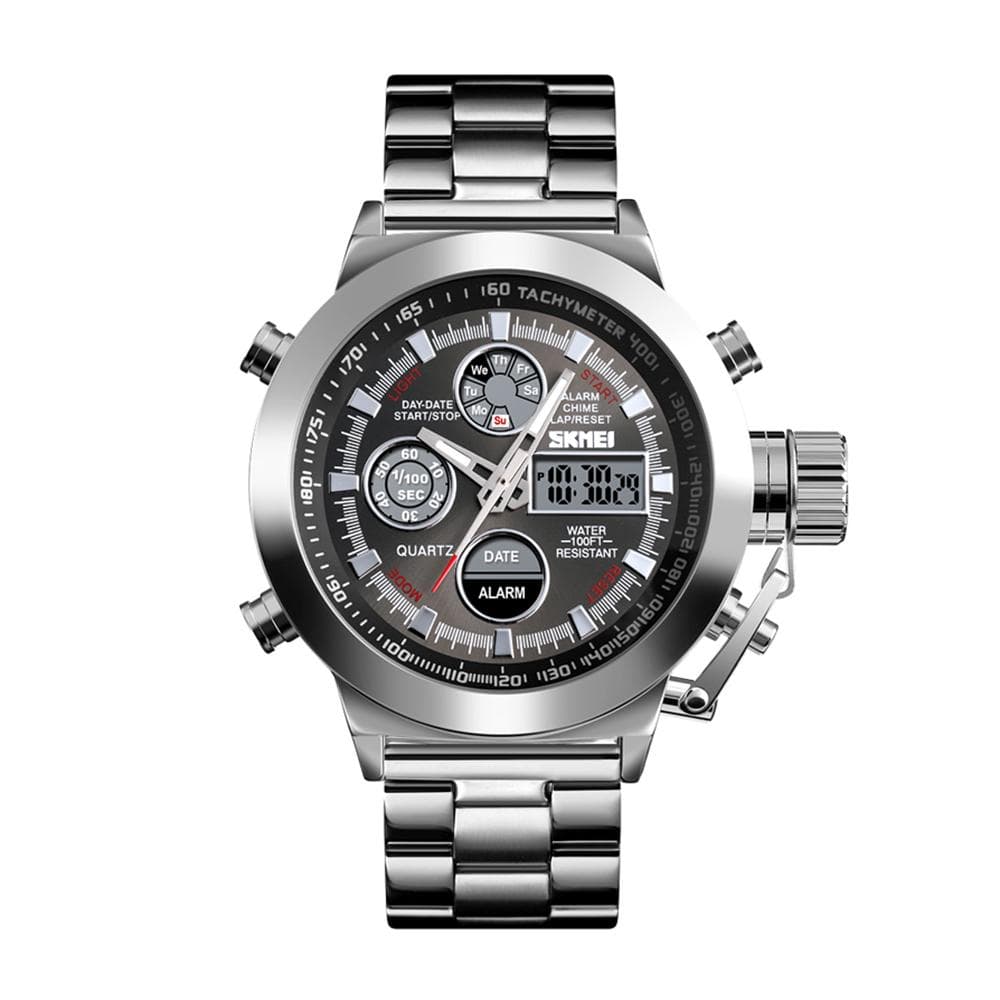 SKMEI 1515 Men Quartz Watch 3ATM Water Resistant Double Display Wristband silver
