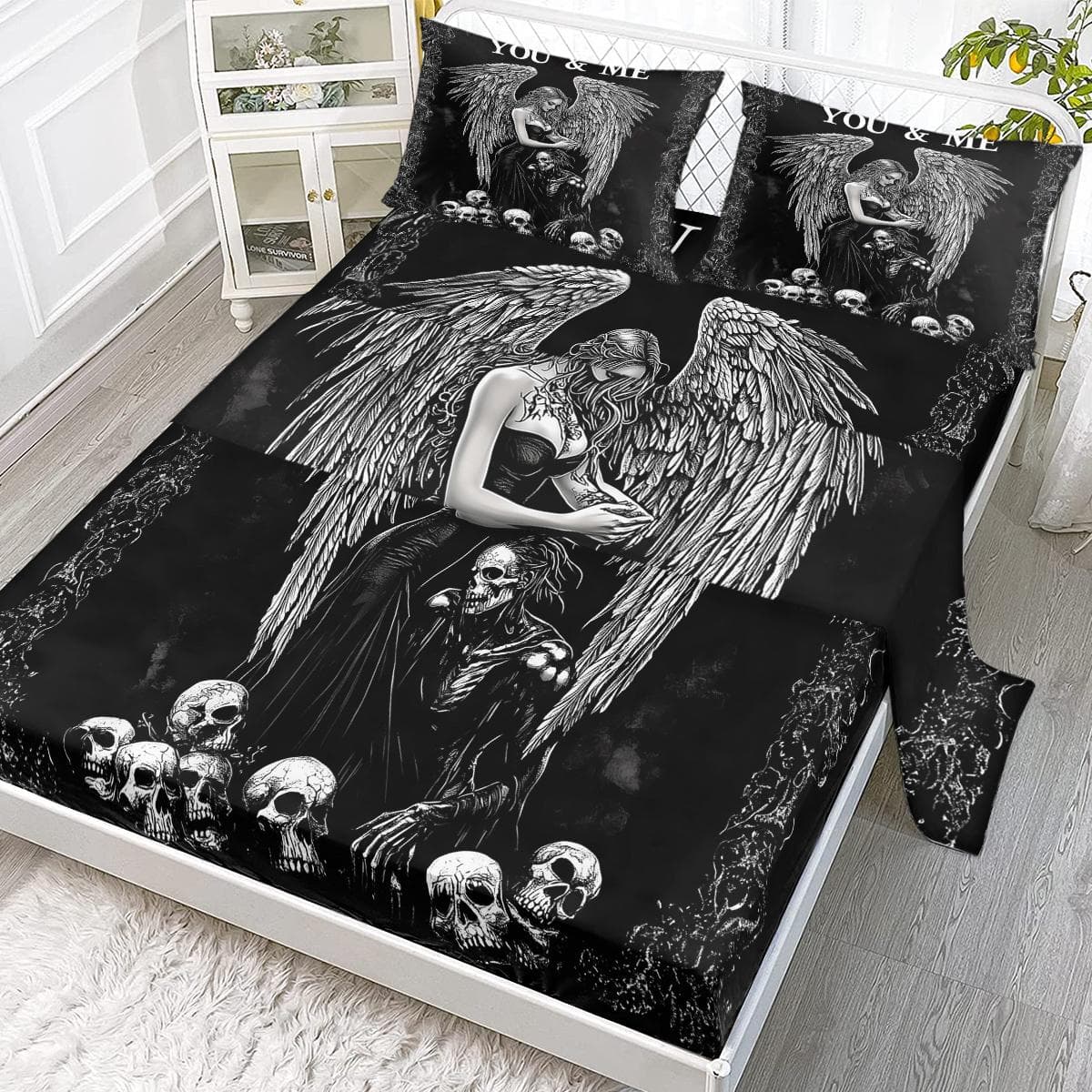 Angel Demon 4 Piece Bed Sheet Set, Includes 1 Flat Sheet, 1 California King Flat Sheet, 2 Pillow Cases (Culture, Tradition) 99cmx199cm