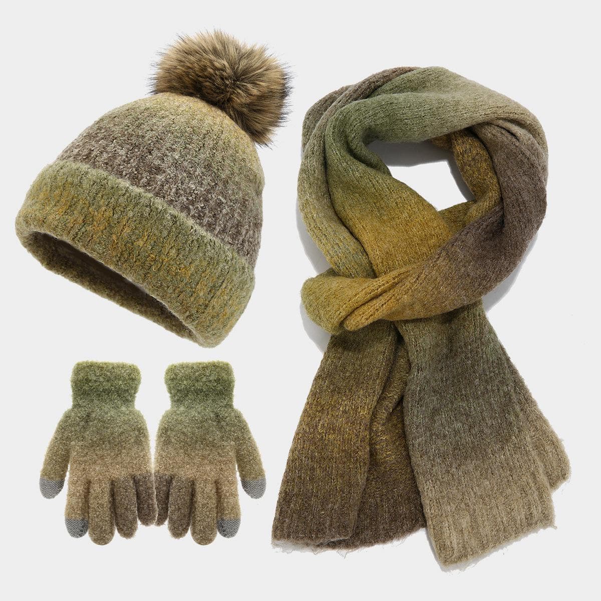 New Tie-Dyed Wool Hat, Scarf, and Gloves Set – European and American Fashion with Knitted Wool Ball Hat green
