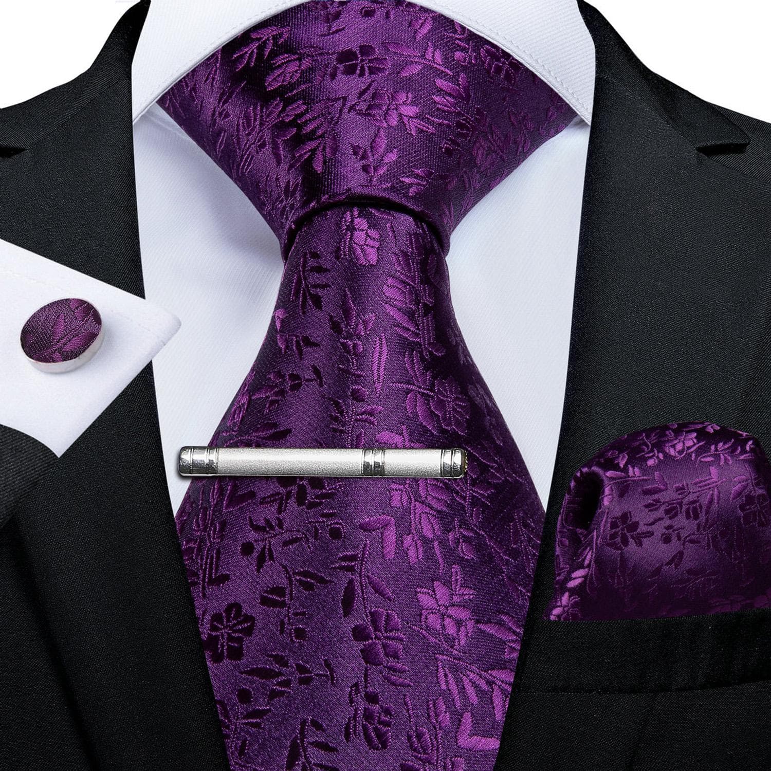 Mens Purple Necktie with Tie Clip Business Paisley Silk Tie Hanky Cufflink Set for party Dibangu N-7267