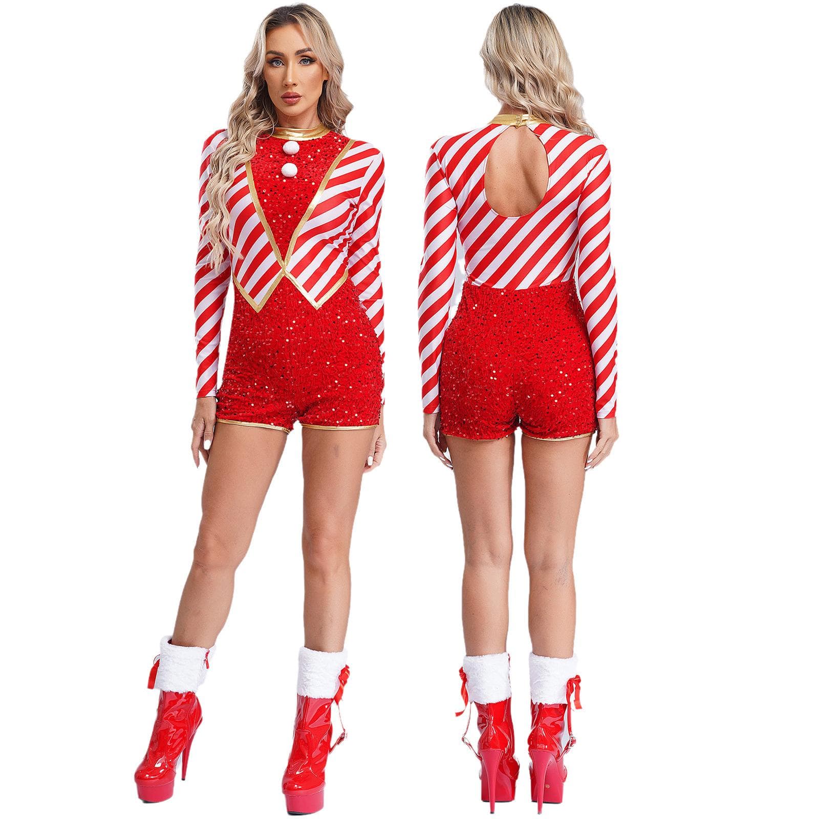 Candy Cane Striped Sequin Latin Jazz Shorty Unitard for Women Christmas Dance Performance Bodysuit Jumpsuit Costume Dancewear XL red