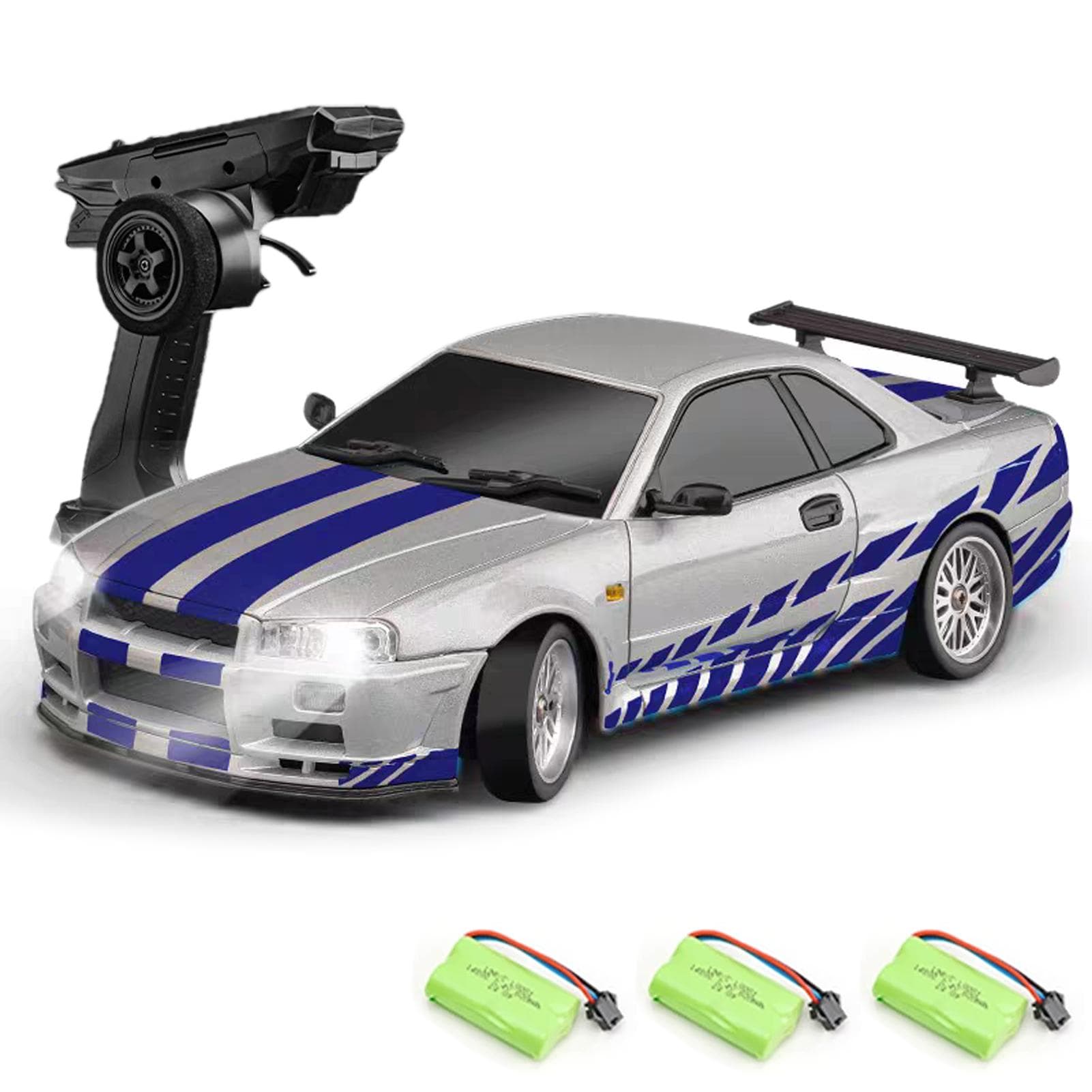 Remote Control Car, 2.4GHz Electric Drift Vehicle Toy with Gyroscope, LED Lights, 3 Rechargeable 3 battery silver