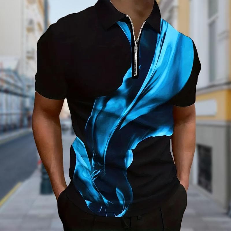 Men's Shirt Polo Casual Zip Short Sleeve Fashion Casual Zipper Summer Spring Regular Fit 3D Silk Ribbon Print Shirt 3XL blue