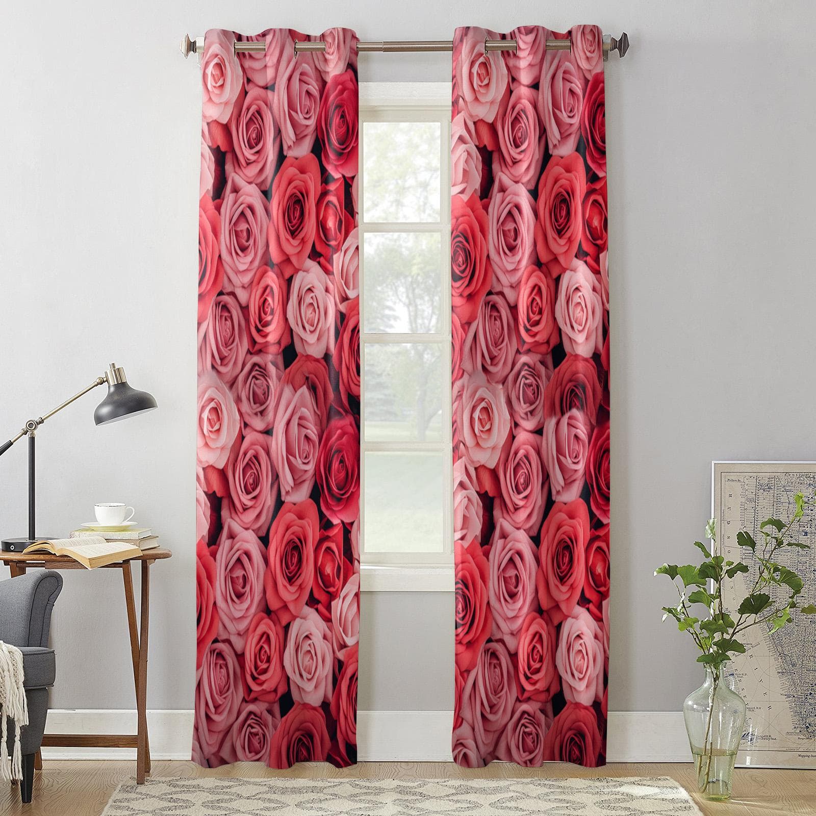 Valentine'S Day Roses Hand Drawn Window Curtains for Living Room Bedroom Curtain Modern Kitchen Blinds Drapes Curtains 135W x 60H(cm) x1