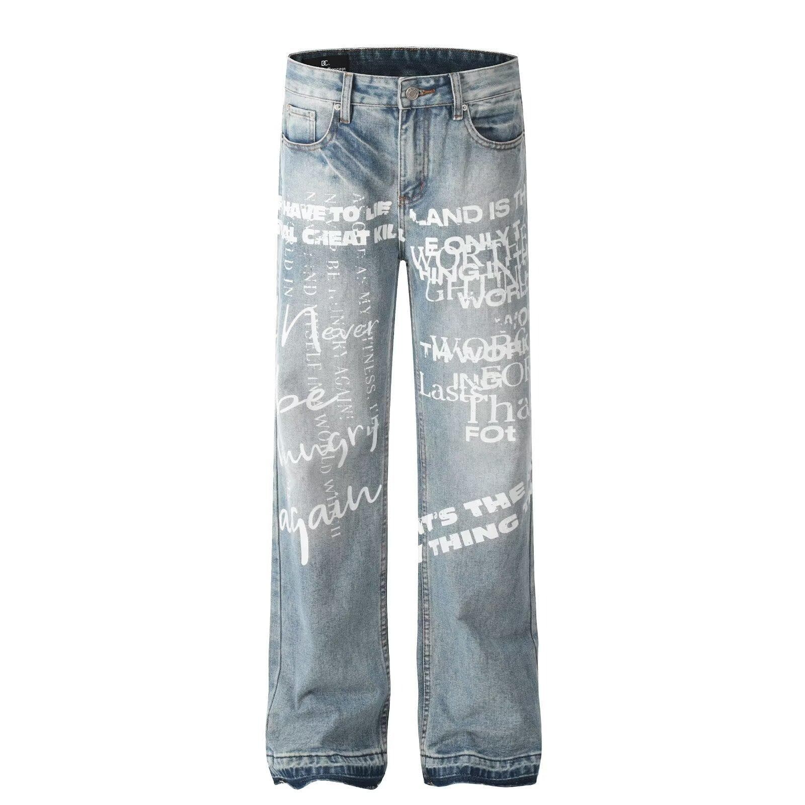 High Street Graffiti Letters Floor Pants Retro Aged Washing Jeans 3XL blue