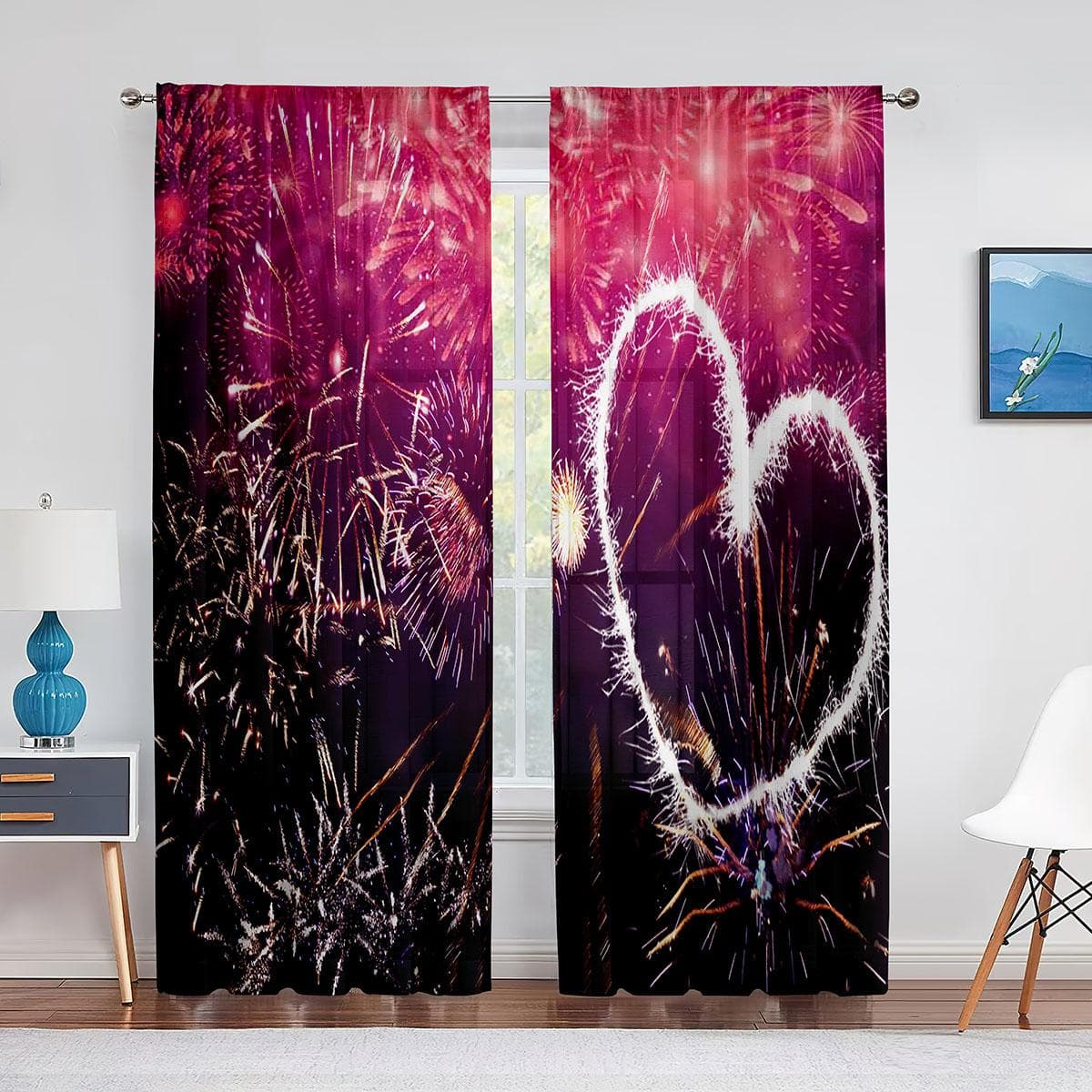 Fireworks and Crackers Festival Theme Love Heart Pink Tulle Curtains for Living Room Decor Chiffon Sheer Voile Bedroom Curtain 1 PCS W100XH250cm&Grommet Top