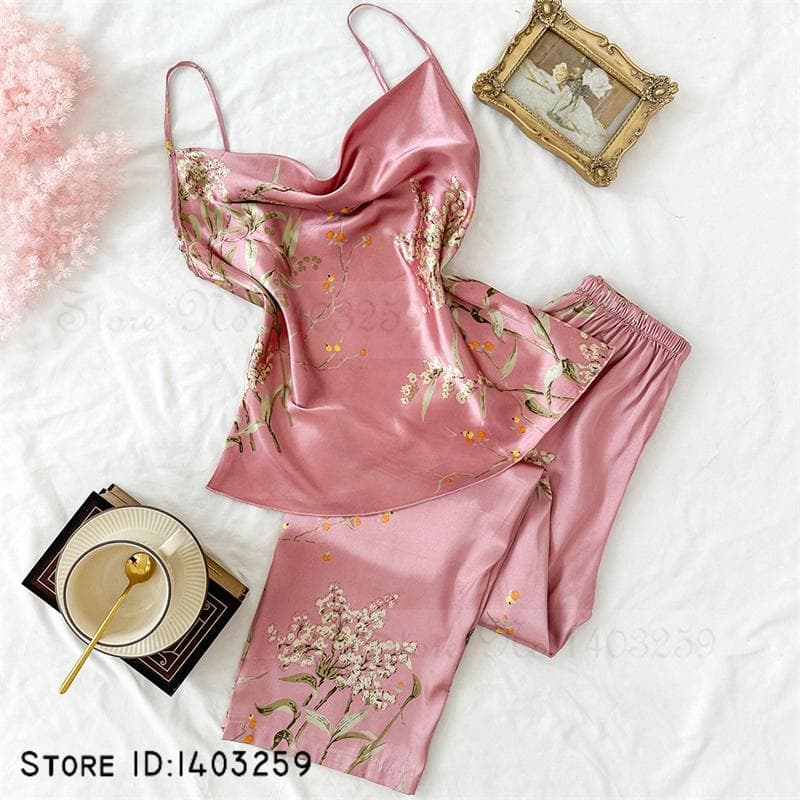 New Female 4PCS Pajamas Set Spring Summer Satin Sleepwear Intimate Lingerie Print Cherry Flower Nightgown Loose Home Clothes M